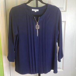 PerSeption Concept Navy Blouse with Zipper Accent, size Small, NWT